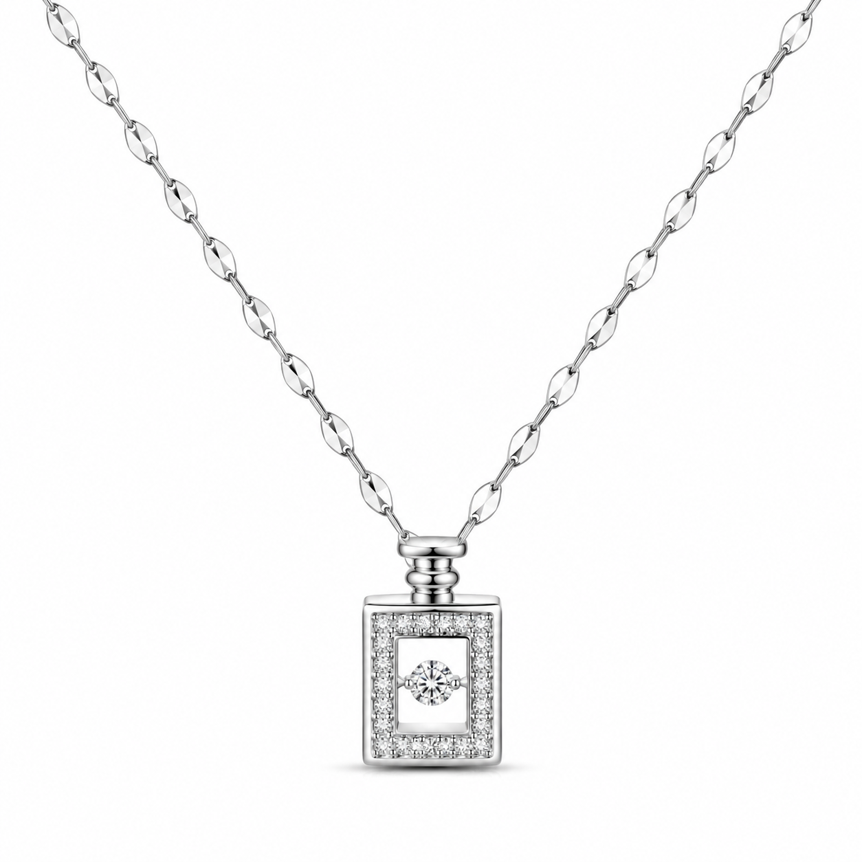 Floating Crystal Perfume Bottle Necklace – Silver