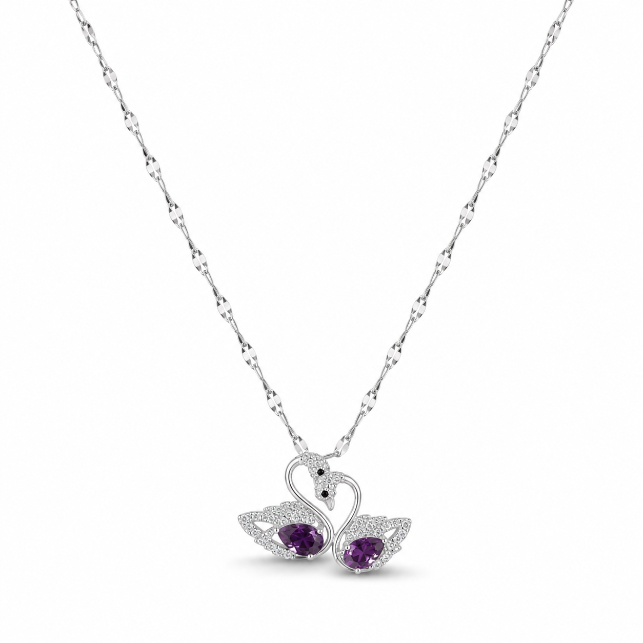 Twin Swan Amethyst Crystal Necklace – Silver