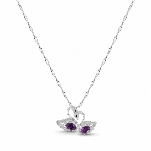 Twin Swan Amethyst Crystal Necklace – Silver