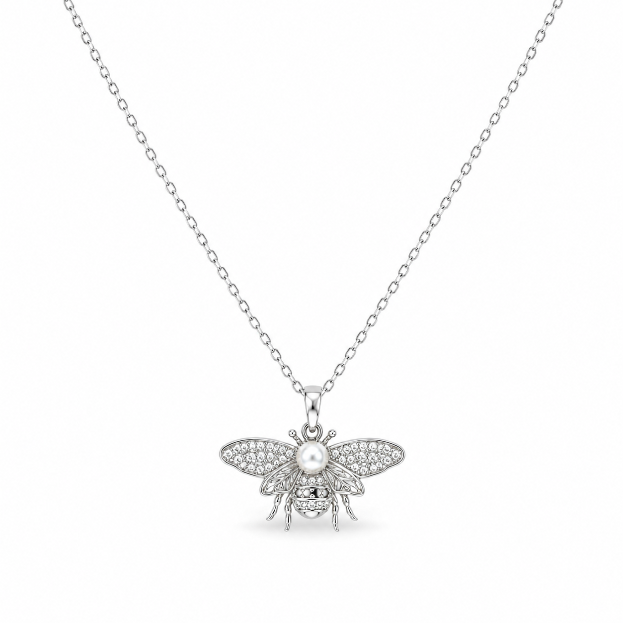 Pearl Bee Crystal Necklace – Silver