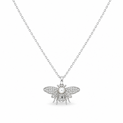 Pearl Bee Crystal Necklace – Silver