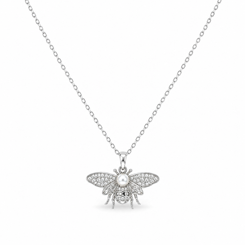 Pearl Bee Crystal Necklace – Silver
