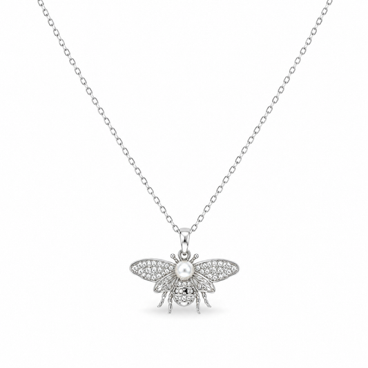 Pearl Bee Crystal Necklace – Silver