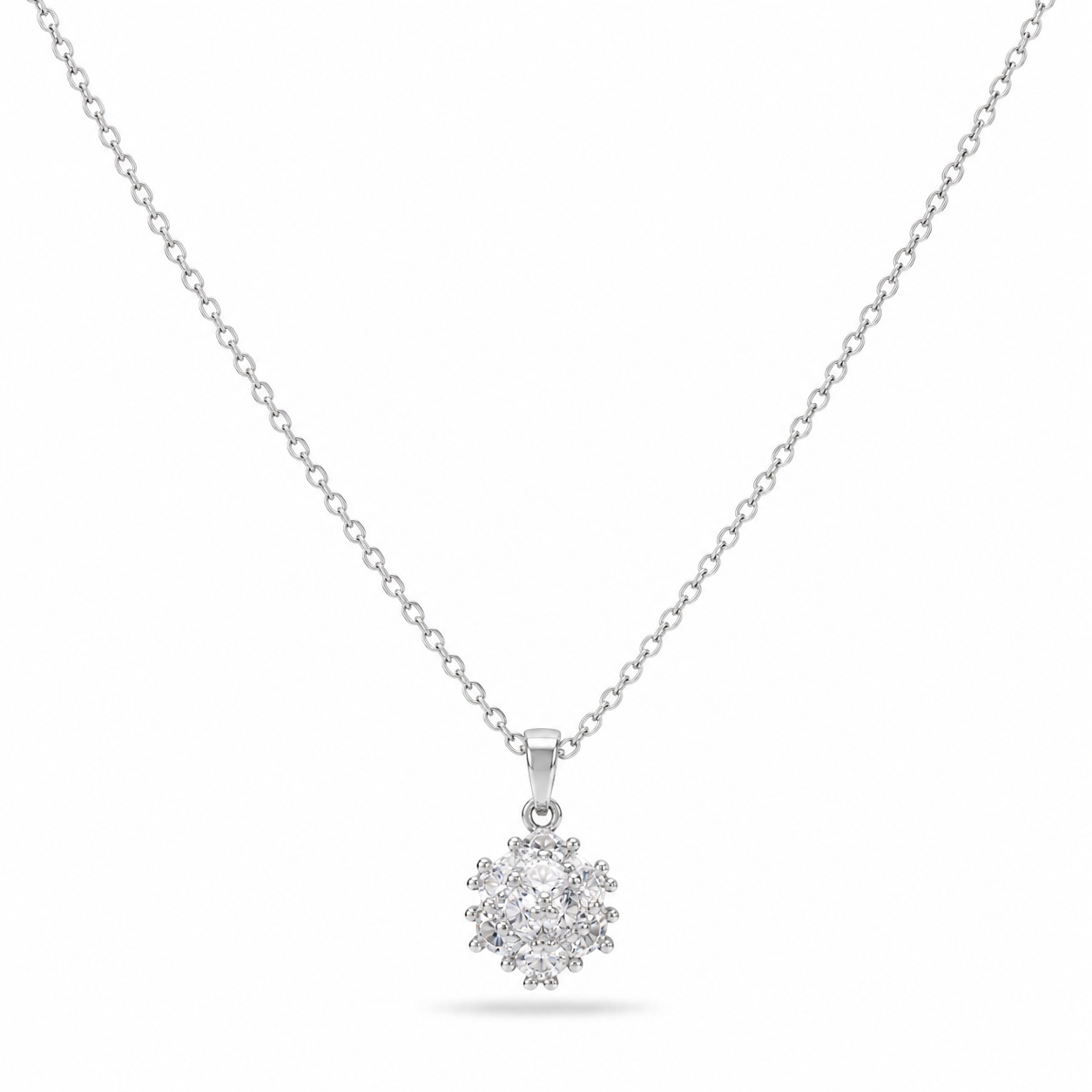 Snowflake Crystal Cluster Necklace – Silver