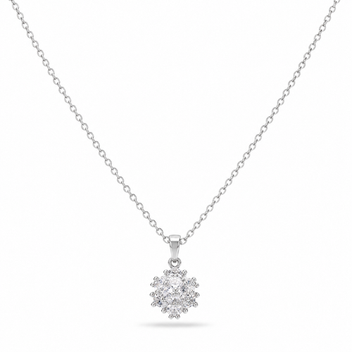 Snowflake Crystal Cluster Necklace – Silver