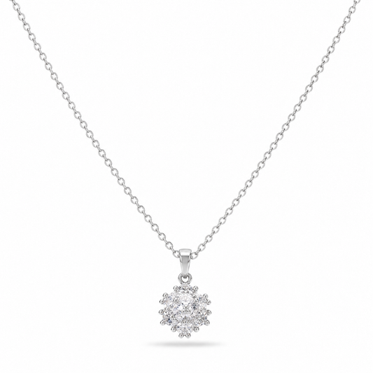 Snowflake Crystal Cluster Necklace – Silver