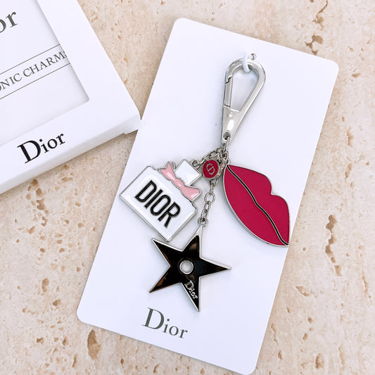 Dior Keychain Silvertone Metal Bag Charms Red Lips Star CD