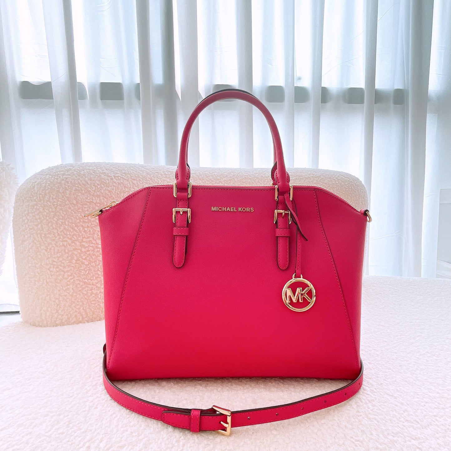 Michael Kors Ciara Large Top Zip Satchel Saffiano Leather Magenta
