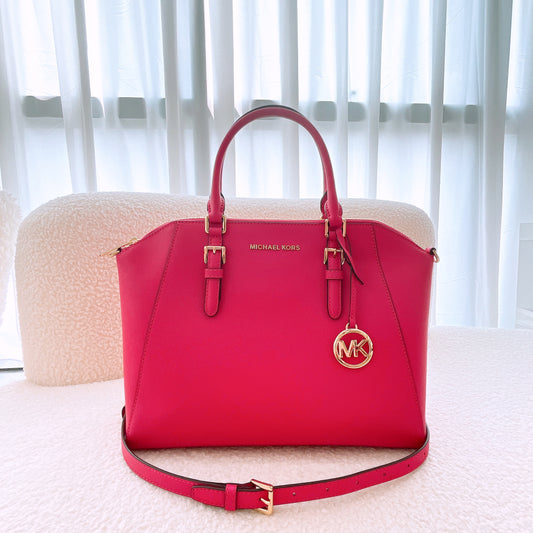 Michael Kors Ciara Large Top Zip Satchel Saffiano Leather Magenta