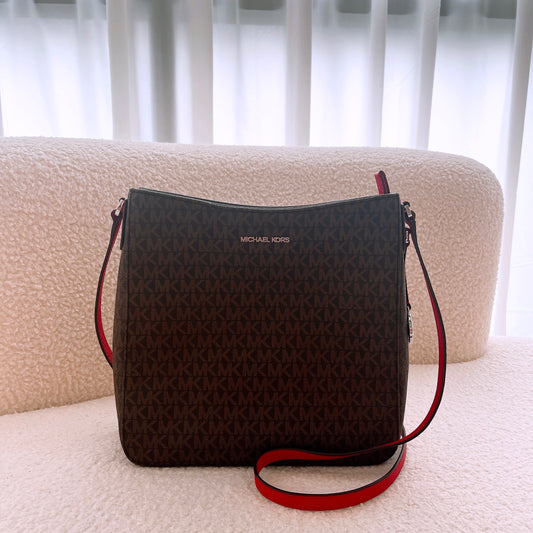 Michael Kors Jet Set Travel Large Messenger Bag Crossbody Brown MK Bright Red