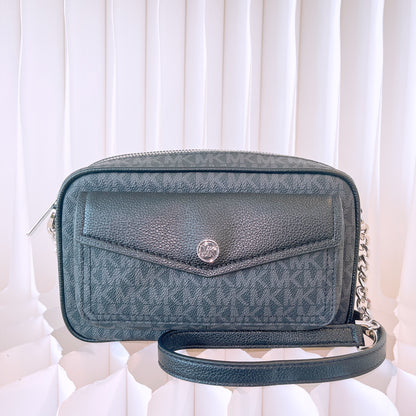 Michael Kors Jet Set Travel Medium Pocket Camera Crossbody Bag Black MK Signature Logo