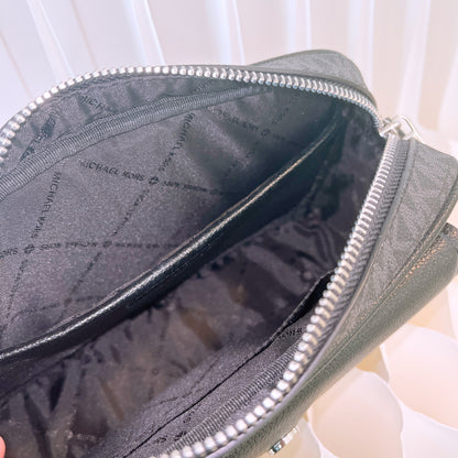 Michael Kors Jet Set Travel Medium Pocket Camera Crossbody Bag Black MK Signature Logo