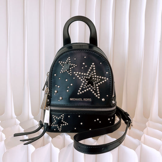 Michael Kors Black Rhea Studded Star Mini Messenger Zip Backpack Bag