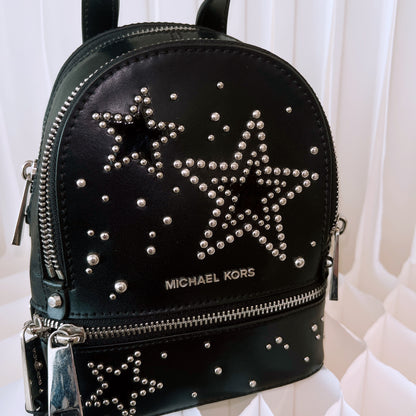 Michael Kors Black Rhea Studded Star Mini Messenger Zip Backpack Bag