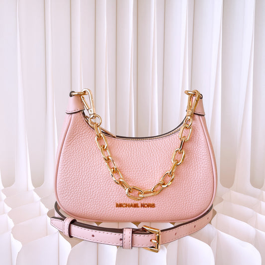 Michael Kors Cora Leather Mini Zip Pouchette Chain Shoulder Bag Powder Blush
