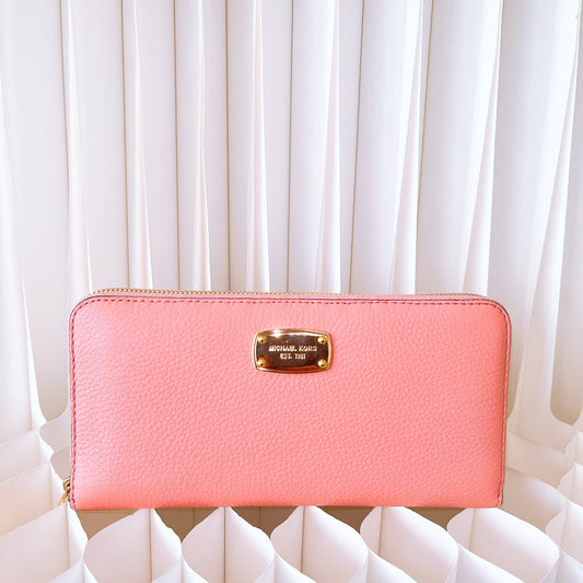 Michael Kors Jet Set Travel Continental Leather Round Zipper Long Wallet In Pink
