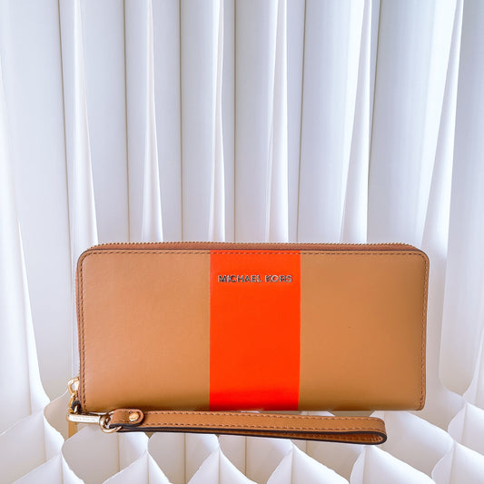 Michael Kors Jet Set Travel Striped Continental Wallet Acorn/Orange