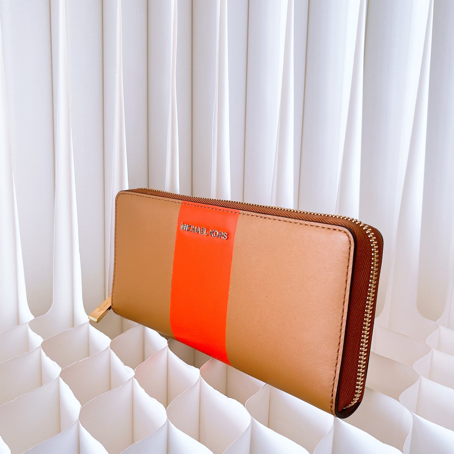 Michael Kors Jet Set Travel Striped Continental Wallet Acorn/Orange