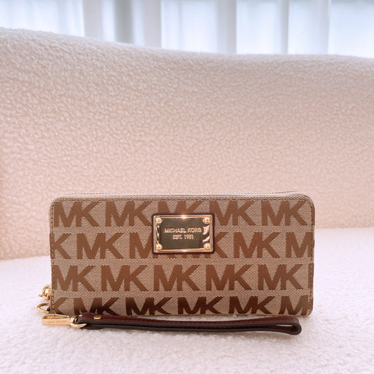 Michael Kors MK Logo Zip Around Continental Wallet in Beige, Ebony & Mocha