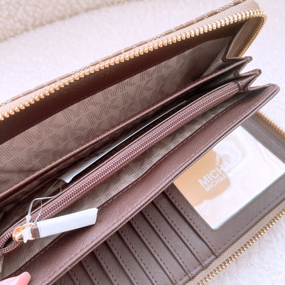 Michael Kors MK Logo Zip Around Continental Wallet in Beige, Ebony & Mocha