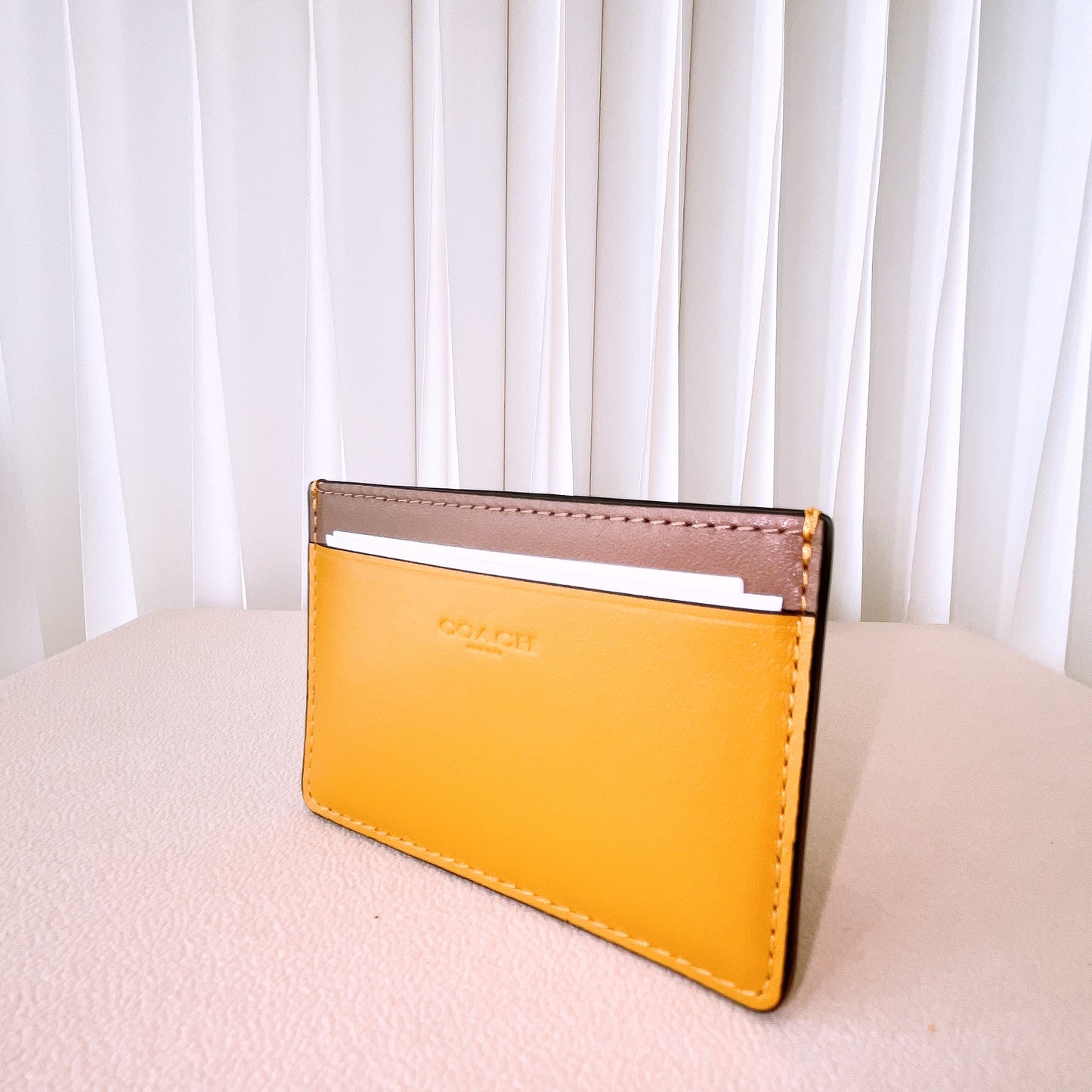 Coach Leather Slim Credit Card ID Wallet Holder Unisex Yellow Gold Brown