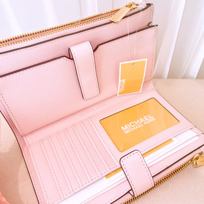 Michael Kors Jet Set Travel Double Zip Saffiano Leather Wristlet Wallet Blossom