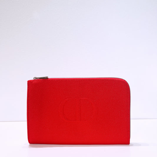 Dior Beauty Logo Red Canvas Corner Zipper Clutch